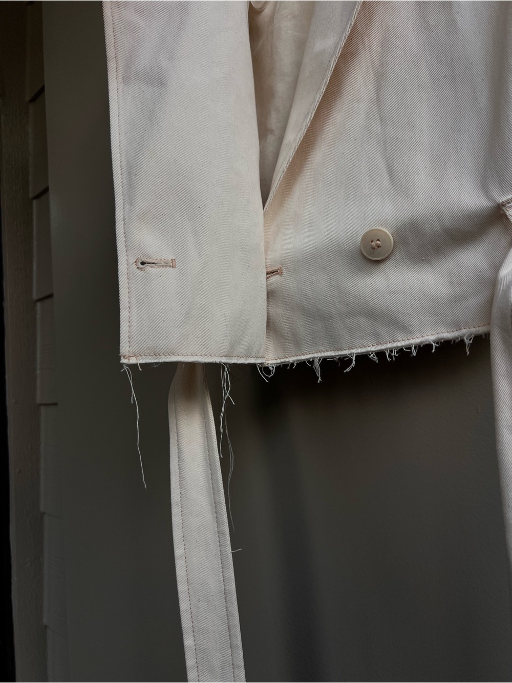 Zara XS S Cropped Denim Trench Jacket Ivory Raw Hem Belted Cotton Utility Blazer - Picture 10 of 16